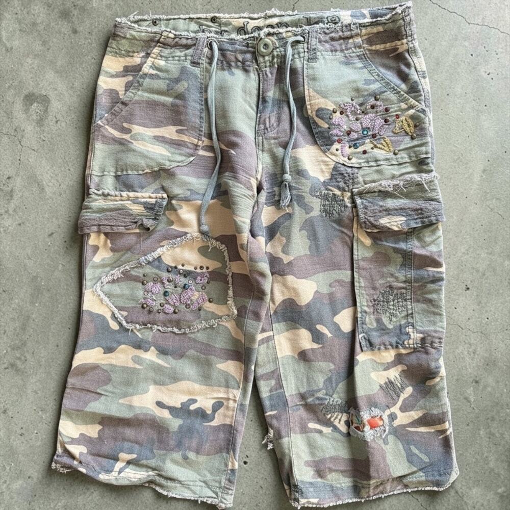By Deep Los Angeles Vintage Camo Capri Cargo Pants custom embroidery distressed